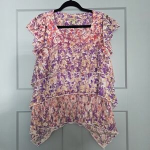 One World Floral Lace Boho Hi Low Tiered Top Womens Small Romantic